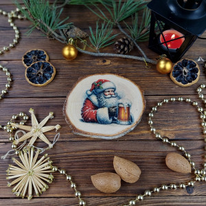Brzozowa podkładka pod kubek, świąteczna zawieszka - Mikołaj