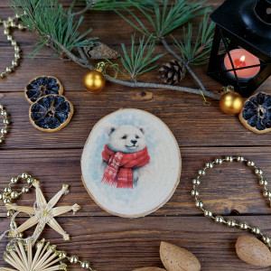 Brzozowa podkładka pod kubek, świąteczna zawieszka - miś polarny