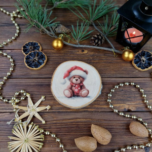 Brzozowa podkładka pod kubek, świąteczna zawieszka - misio