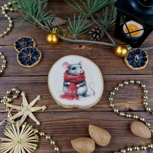 Brzozowa podkładka pod kubek, świąteczna zawieszka - myszka