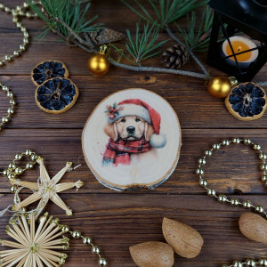 Brzozowa podkładka pod kubek, świąteczna zawieszka - pies