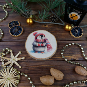 Brzozowa podkładka pod kubek, świąteczna zawieszka - pingwin