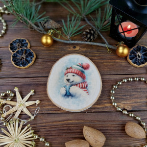 Brzozowa podkładka pod kubek, świąteczna zawieszka - polarny miś