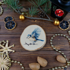 Brzozowa podkładka pod kubek, świąteczna zawieszka - sikorka