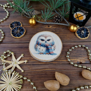 Brzozowa podkładka pod kubek, świąteczna zawieszka - sówka
