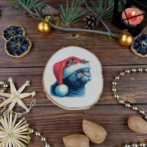Brzozowa podkładka pod kubek, świąteczna zawieszka - szary kot