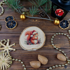 Brzozowa podkładka pod kubek, świąteczna zawieszka - wiewiórka 1