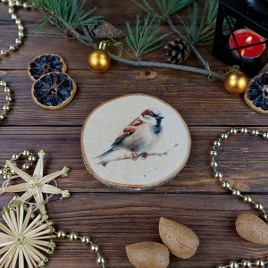 Brzozowa podkładka pod kubek, świąteczna zawieszka - wróbel