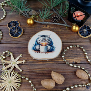 Brzozowa podkładka pod kubek, świąteczna zawieszka - zimowy kot