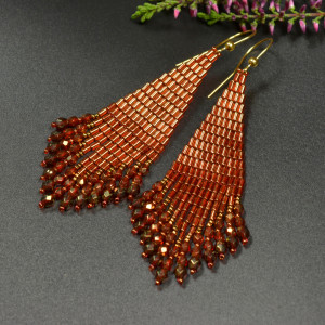 Cuvanna, czerwono-złote "indiańskie" kolczyki, beading