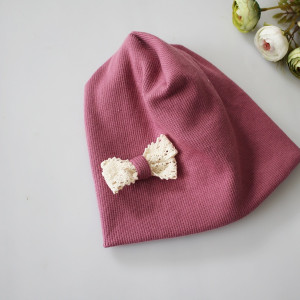 Czapka podwójna prążek wrzos kokardka wiosna/jesień