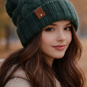 czapka wywijana  w kolorze butelkowej zieleni