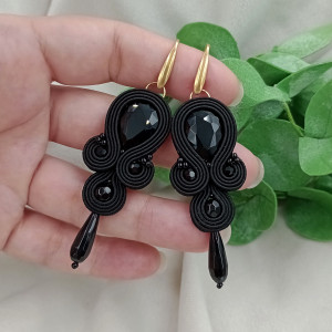 Czarne kolczyki sutasz soutache wesele przyjęcie onyksy z onyksami