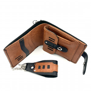 Czarno-brązowy portfel skórzany na bilon z łańcuszkiem do paska.