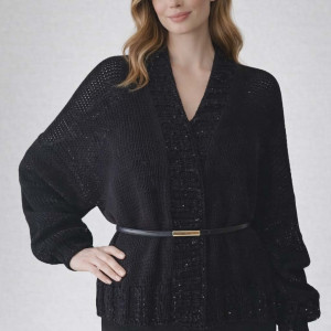 Czarny krótki kardigan z cekinami wykonany z bawełny i bambusa
