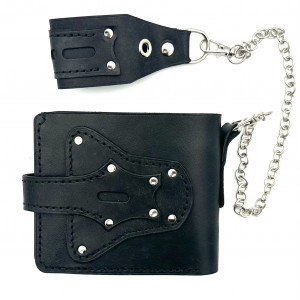 Czarny portfel skórzany na bilon ręcznie uszyty z łańcuszkiem do paska