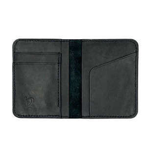 Czarny portfel uszyty ręcznie ze skóry.