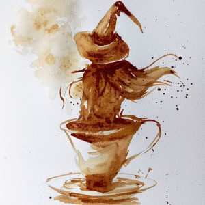 "Czary przy kawie" obraz namalowany kawą