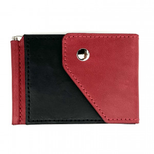 Czerwono-czarny portfel na klips skórzany ręcznie uszyty.