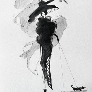 "Dama z jamnikami" akwarela artystki Adriany Laube - kobieta, retro