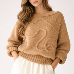 Damski beżowy sweter ozdobiony aplikacją, gotowy do wysyłki