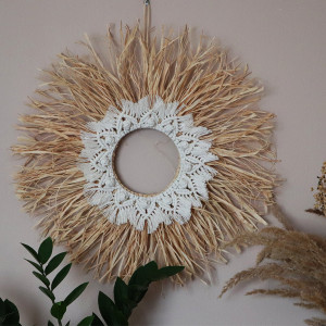 Dekoracja na ścianę, rafia, boho, wianek, makrama