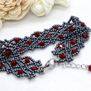 delikatna koronkowa bransoletka  - hematyt + czerwień