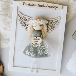 Delikatna Pamiątka Chrztu Św. - aniołek w ramce dla dziewczynki