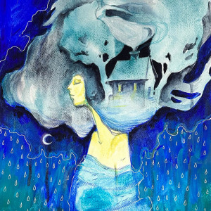 "Deszcz wspomnień" obraz techniką mieszaną artystki A. Laube