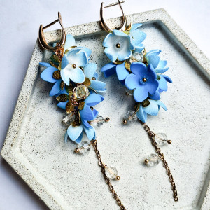 Długie kolczyki pozłacane niebieskie kwiaty