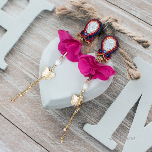 Długie Kolczyki sutasz z kwiatkami Fuksja i Motyle