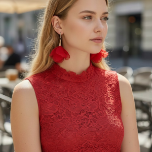 długie kolczyki - szyfonowe kwiatki - czerwone