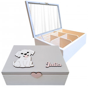 Drewniana szkatułka, lusterko, piesek-L36