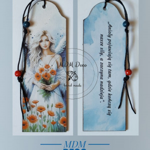 Drewniana zakładka dwustronna - Anioł z makami