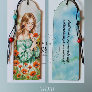 Drewniana zakładka dwustronna - Anioł z makami 2