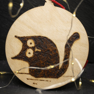 Drewniane wypalane ręcznie bombki - kot 1 - święta, boże narodzenie