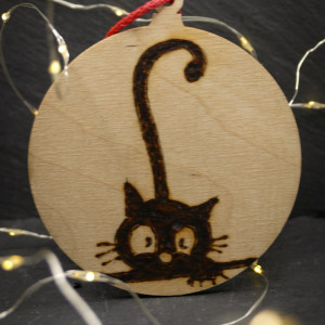 Drewniane wypalane ręcznie bombki - kot 11 - święta, boże narodzenie