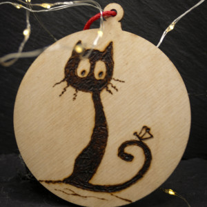 Drewniane wypalane ręcznie bombki - kot 5 - święta, boże narodzenie