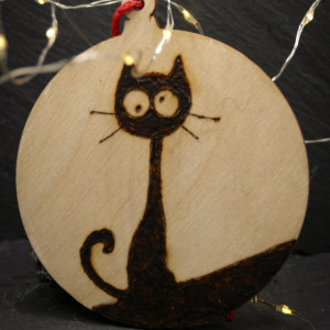 Drewniane wypalane ręcznie bombki - kot 6 - święta, boże narodzenie