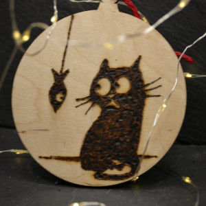 Drewniane wypalane ręcznie bombki - kot 8 - święta, boże narodzenie