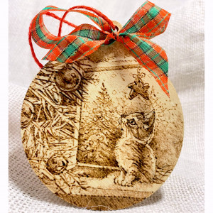 Drewniane wypalane ręcznie bombki - Kot i Choinka - święta, gwiazdka