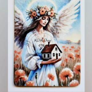 drewniany magnes - Anioł z domem 4