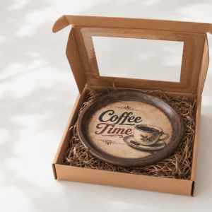 Drewniany talerzyk „Coffee Time” w pudełku prezentowym - 18 cm