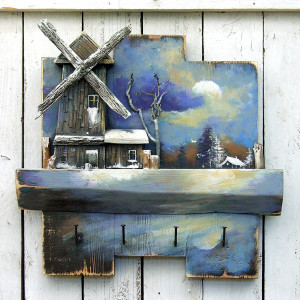 Drewniany wieszak ręcznie malowany - Zimowy Poranek