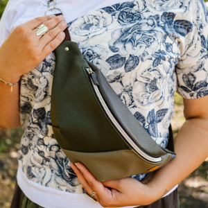 Duża skórzana nerka  czarno-szara - upcykling, skóra naturalna