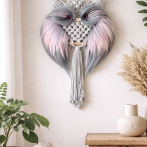 Duża sowa na ścianę , makrama boho do salonu,  sznurek szara różowa