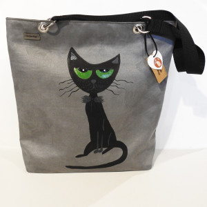 Duża szara torba na ramię ręcznie malowana z kotem prezent