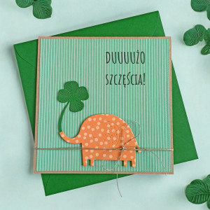 Dużo szczęścia - urocza, uniwersalna kartka - słonik, koniczynka