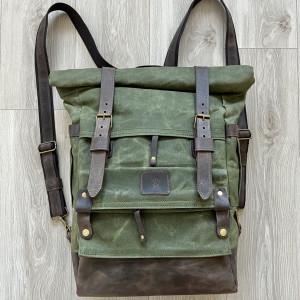 Duży męski plecak ze skóry i bawełny brązowo zielony. Vintage.