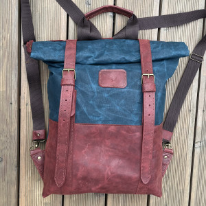 Duży Plecak skóra-bawełna woskowana niebiesko-czerwony